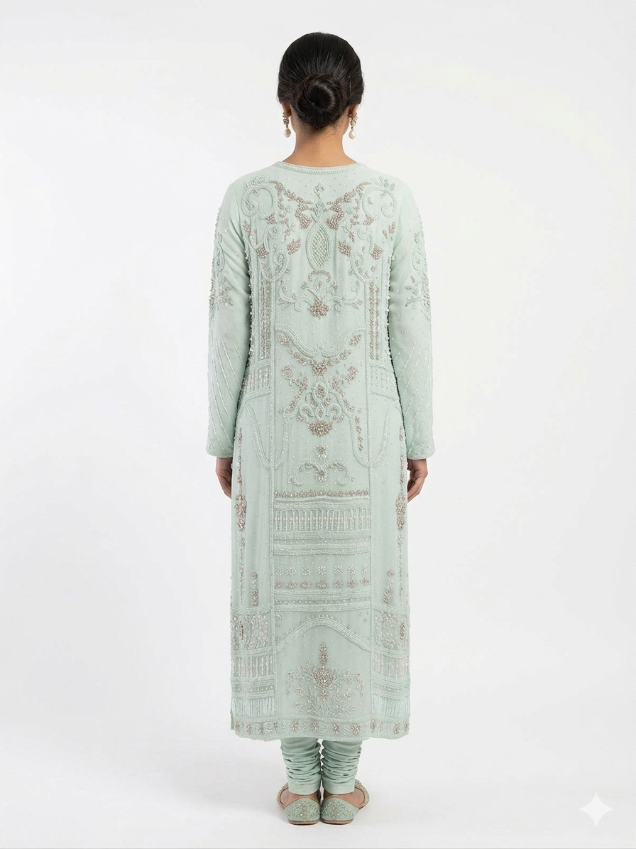 Mint Green Intricate Beadwork Kurta & Churidar Set