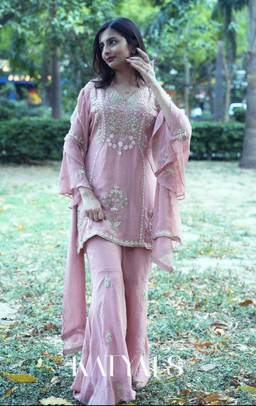 Rose Pink Georgette Kurta Set with Delicately Embroidered Gharara and Dupatta