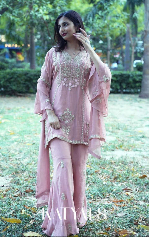 Rose Pink Georgette Kurta Set with Delicately Embroidered Gharara and Dupatta