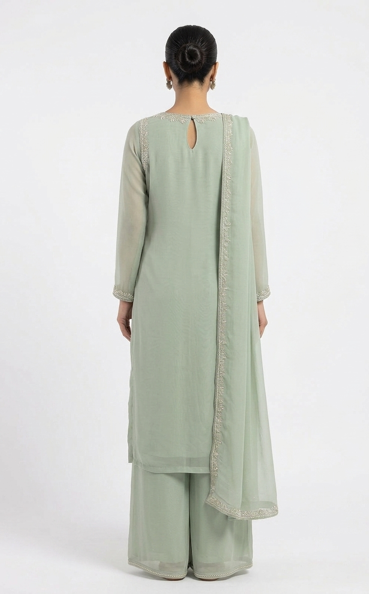 Pastel Mint Straight Tunic with Intricate Crystal Placket