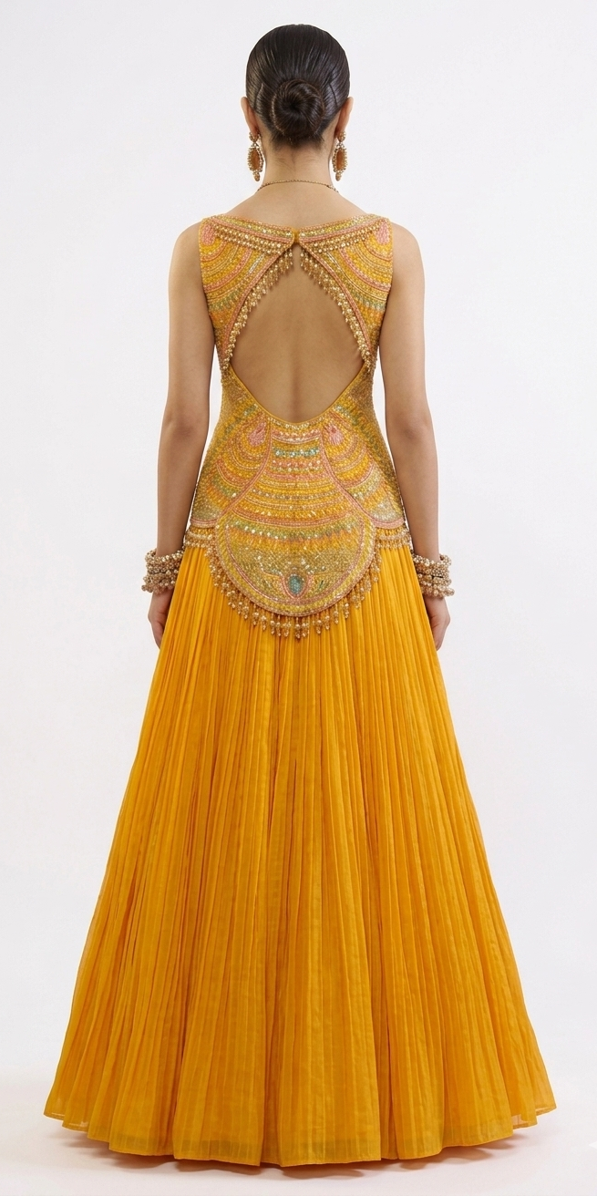 Marigold Yellow Cut-Out Lehenga Set with Scalloped Bodice