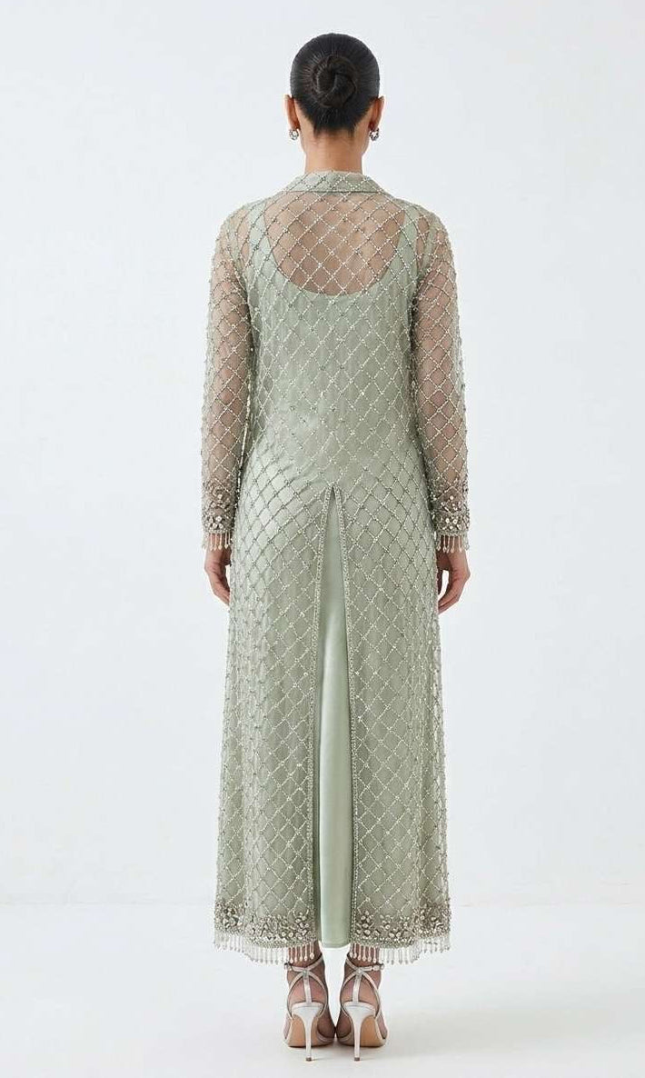 Pale Pistachio Sheer Lattice Overcoat & Beaded Bustier Inner Set
