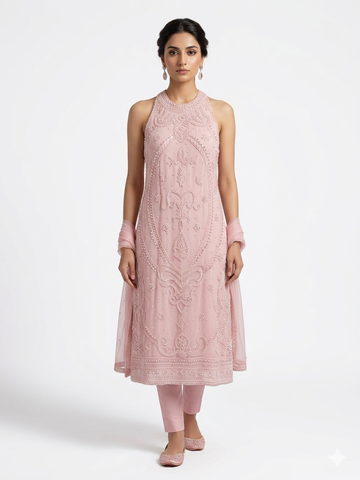 Blush Pink Ornamental High-Neck Embellished Kurta & Pant Set