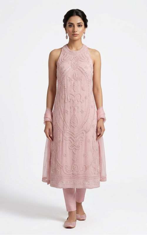 Blush Pink Ornamental High-Neck Embellished Kurta & Pant Set