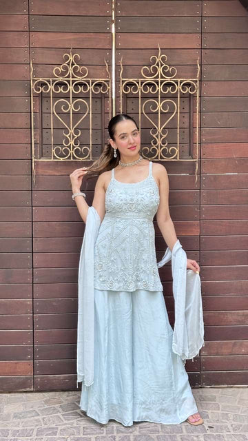 Icy Blue Intricately Embroidered Sleeveless Kurta Set