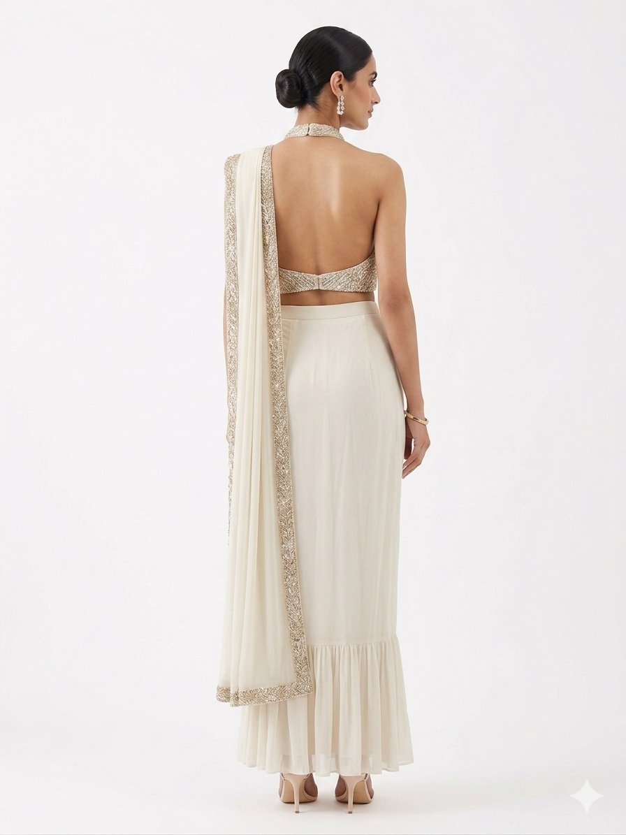 Alabaster Halter-Neck Indowestern Ensemble with Crystalline Beadwork