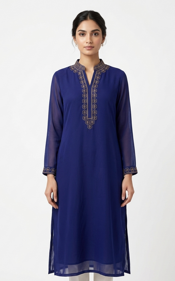 Royal Blue Georgette Straight Kurta with Geometric Embroidery