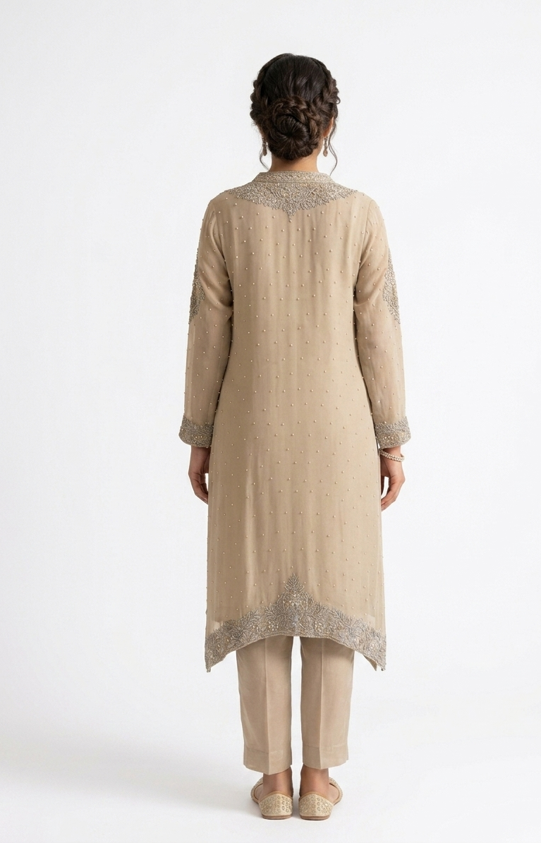 Graceful Beige Pearl & Silver-Embellished Asymmetrical Kurta Set