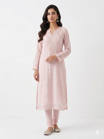Blush Radiance Embroidered Mirror-Work Kurta Set
