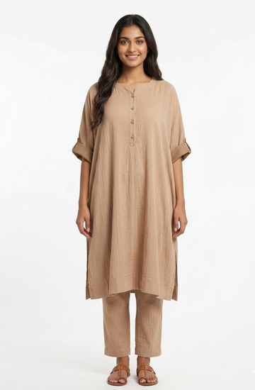 Minimalist Beige Slub-Cotton Loungewear Kurta Set
