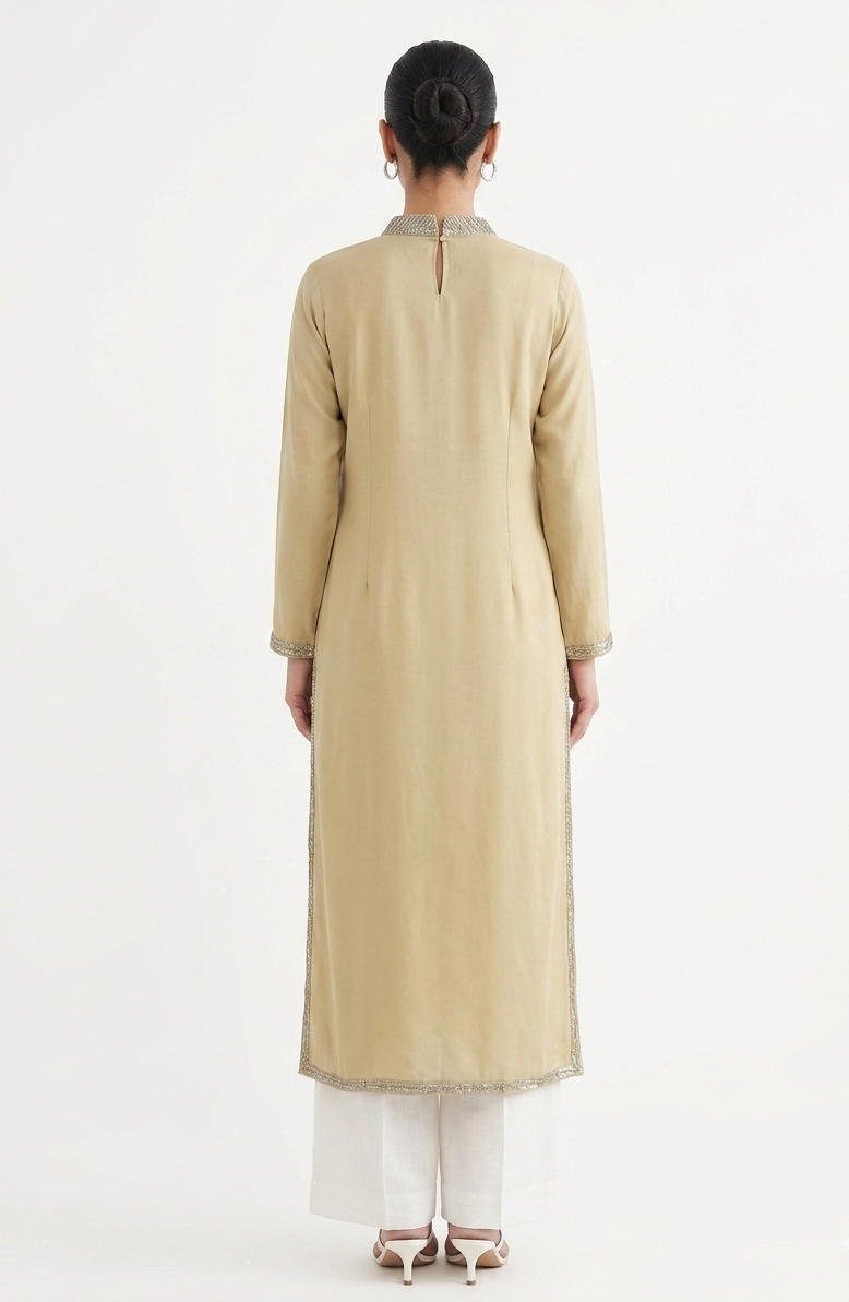 Beige Raw Silk Tunic & White Linen Trouser Set