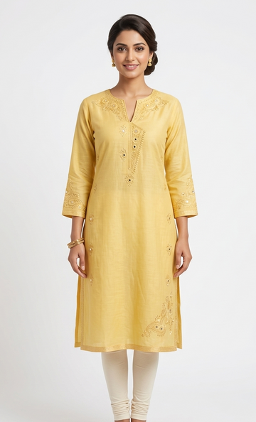 Women’s Mustard Yellow Chanderi Silk Kurta with Gold Gota Patti and Mirror Work