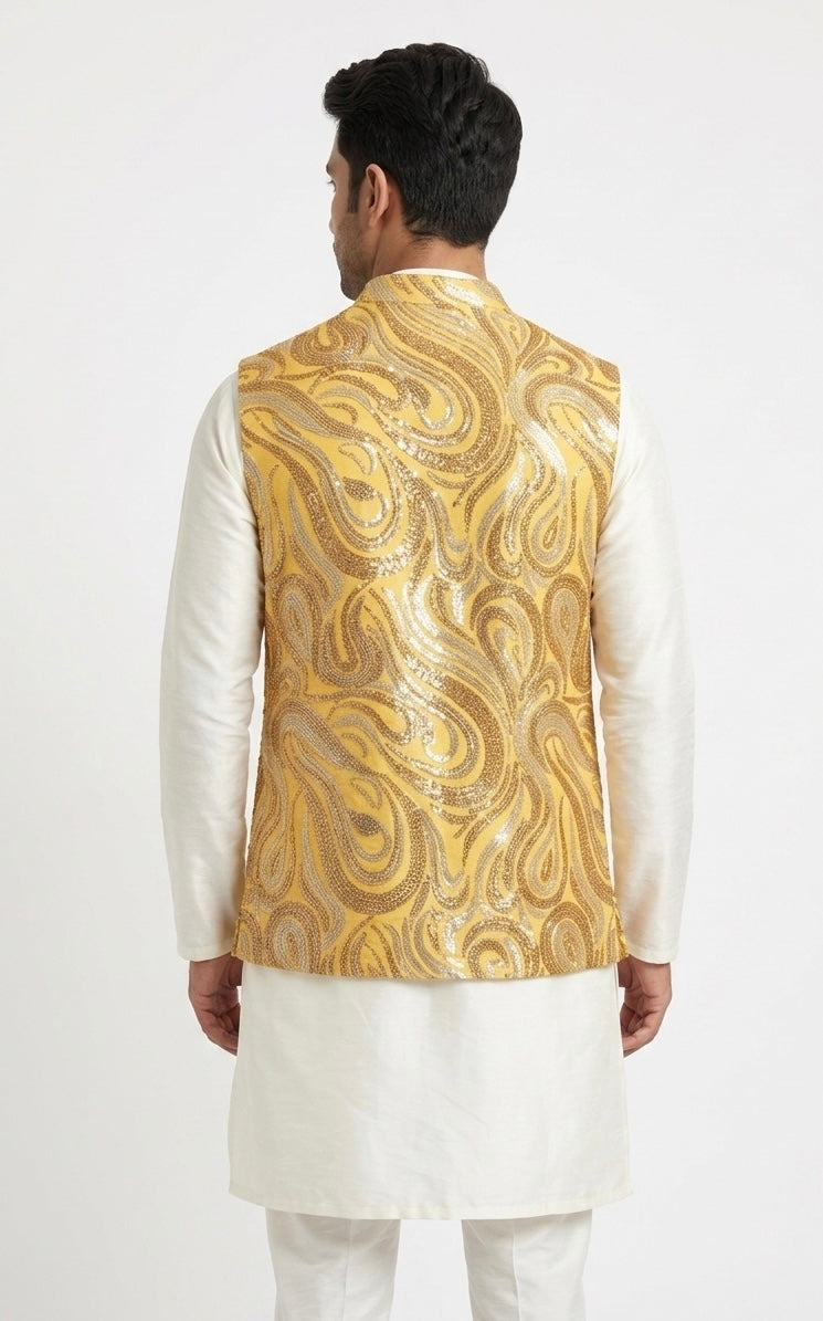 Saffron Marigold Embroidered Nehru Jacket with Fluid Sequin Contours