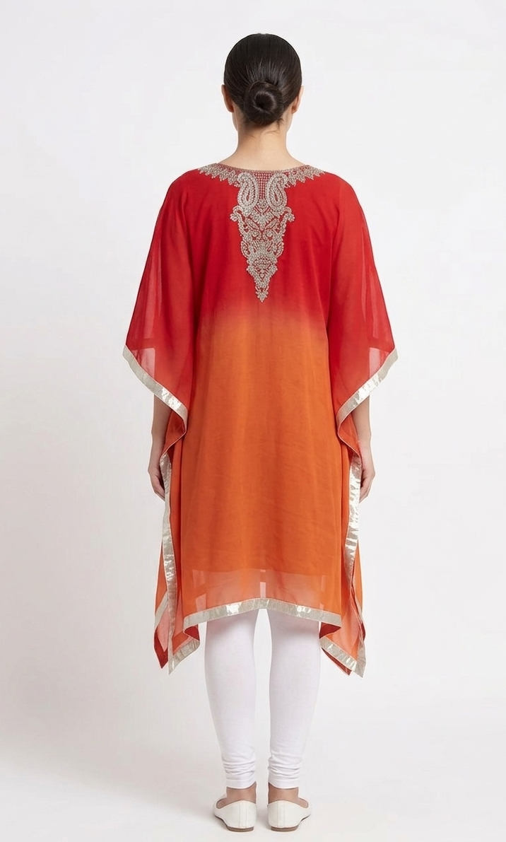 Red & Orange Gradient Embroidered Kaftan Kurta Set