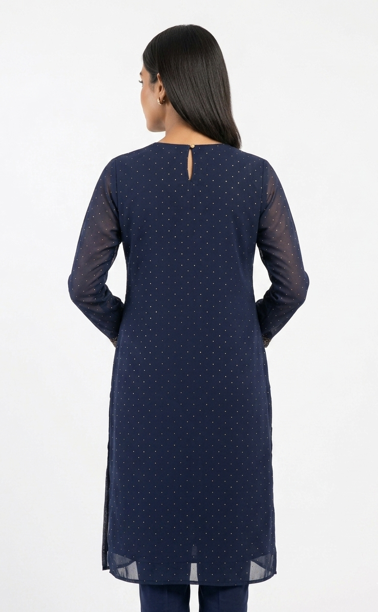 Elegant Navy Blue Georgette Kurta with Embroidered Neckline