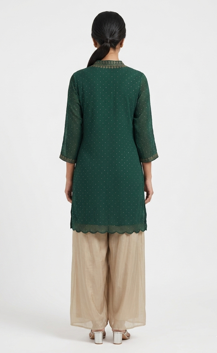 Chiffon & Silk Dotted Emerald Kurta