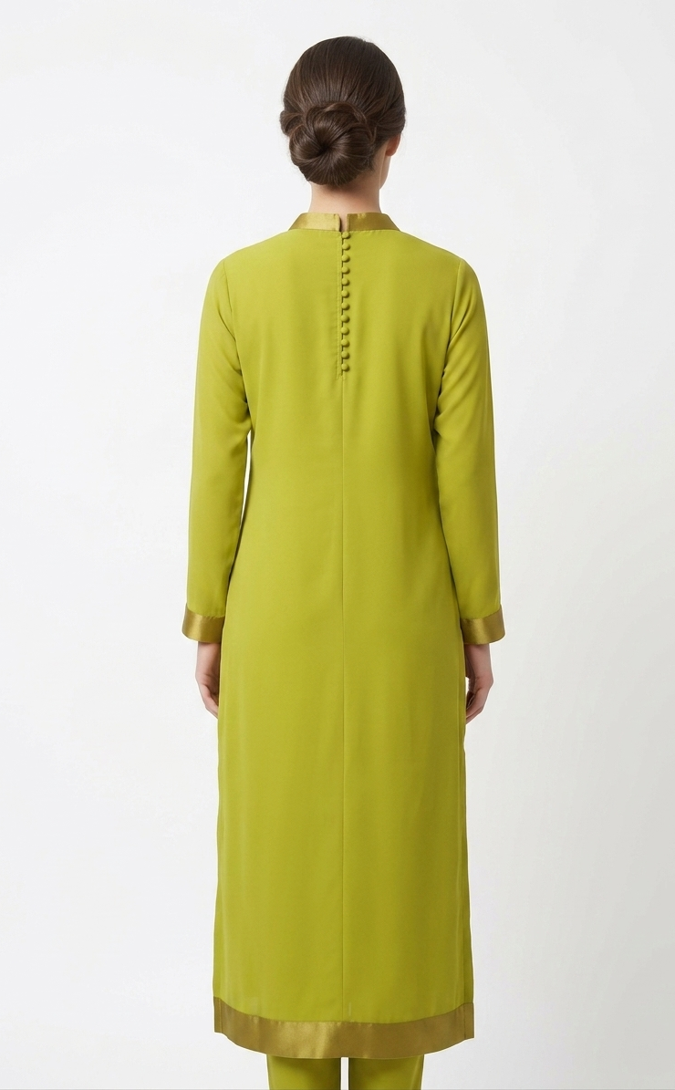 Elegant Lime Green Tunic with Gold Trim and Back Button Detail