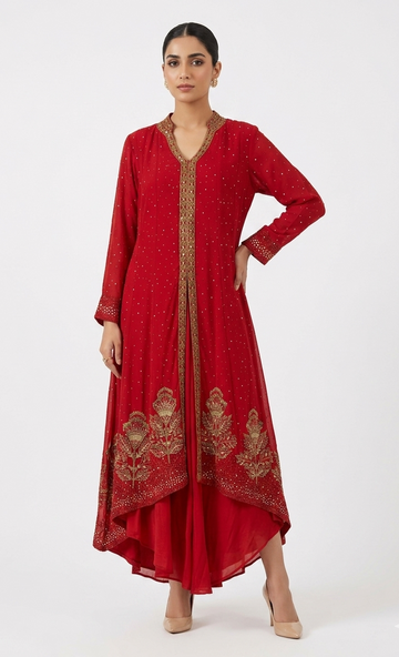 Crimson Red Georgette Asymmetrical Tunic with Gold Embellishments
