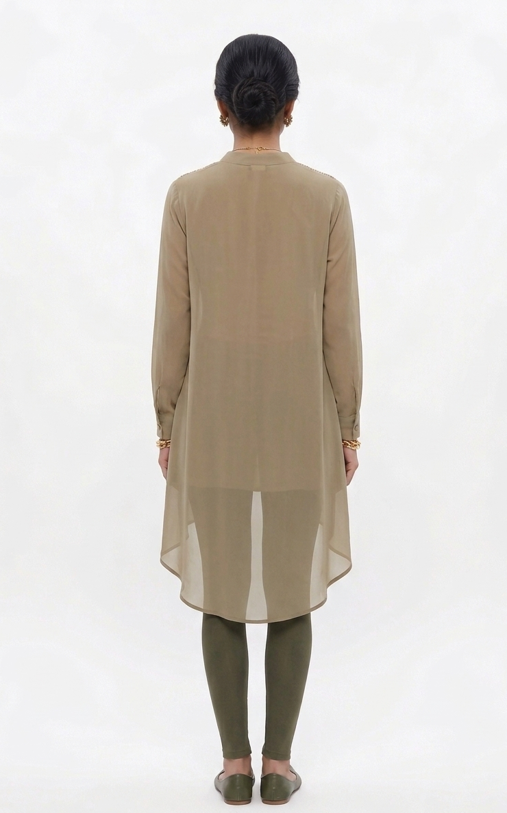 Women’s Olive Beige Sheer High-Low Tunic Top with Embellished Neckline