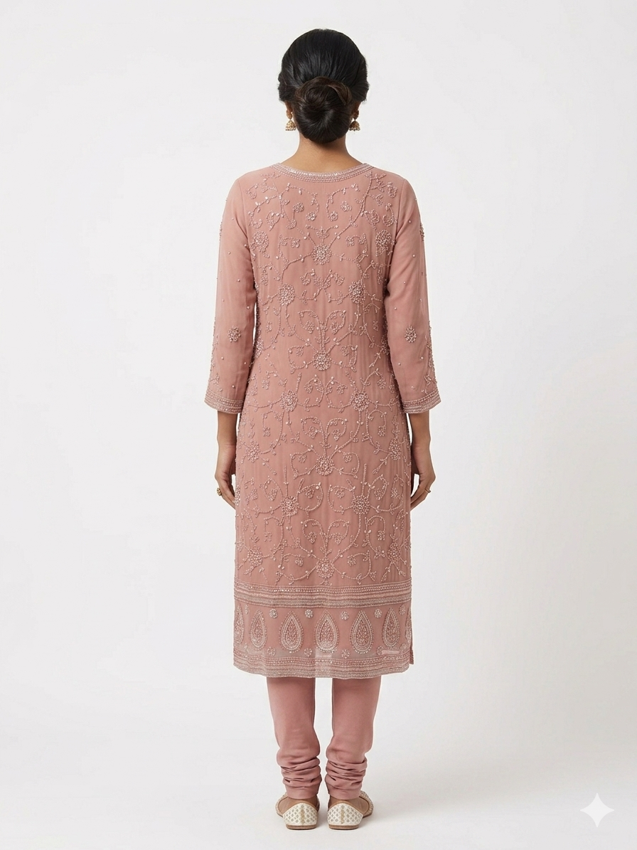 Dusty Rose Floral Embellished Kurta & Churidar Set
