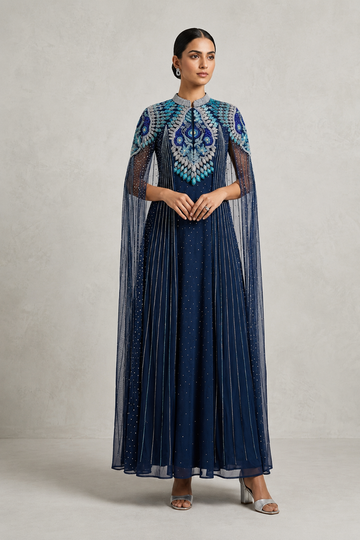 Midnight Blue Georgette Floor-Length Gown with Crystal-Embellished Peacock Cape