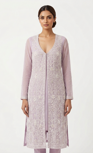 Lavender Blossom Embroidery Long Sheer Jacket and Trouser Set