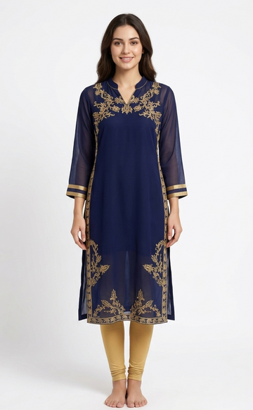 Women’s Navy Blue Georgette Kurta with Detailed Gold Zari Embroidery