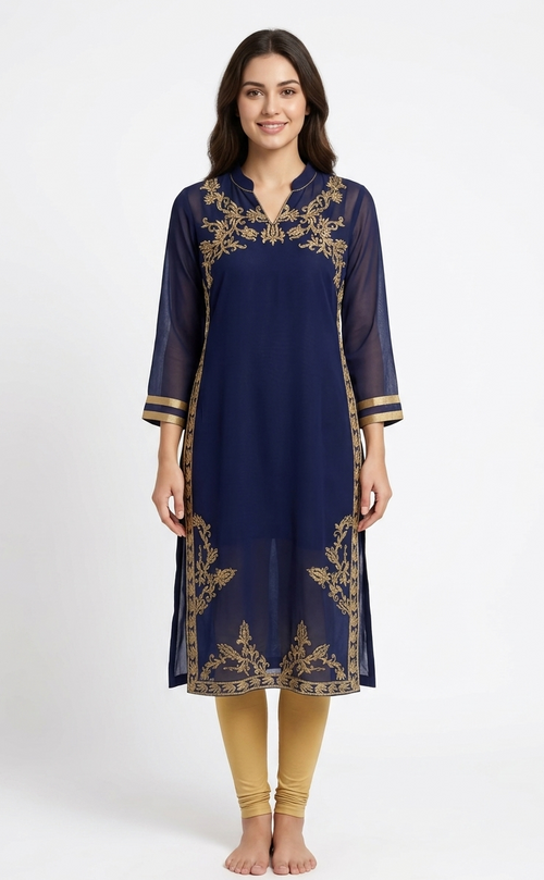 Women’s Navy Blue Georgette Kurta with Detailed Gold Zari Embroidery