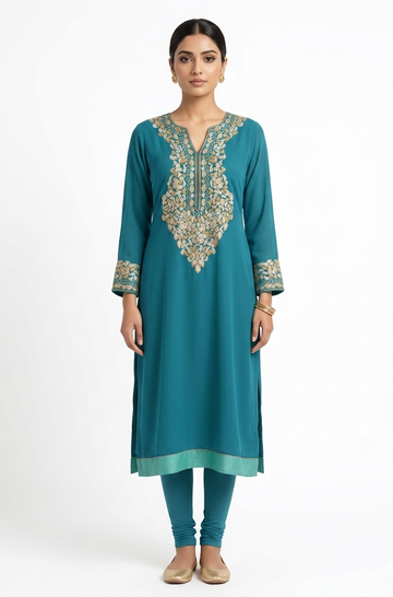 Women’s Teal Blue Crepe Kurta with Metallic Gold and Silver Floral Embroidery