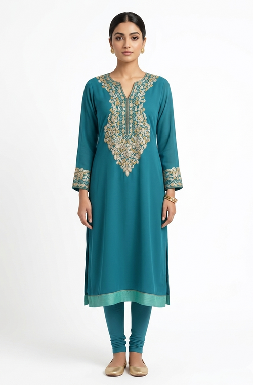 Women’s Teal Blue Crepe Kurta with Metallic Gold and Silver Floral Embroidery