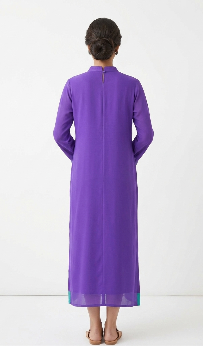 Violet Long Kurta with High Neck and Contrast Teal Accent