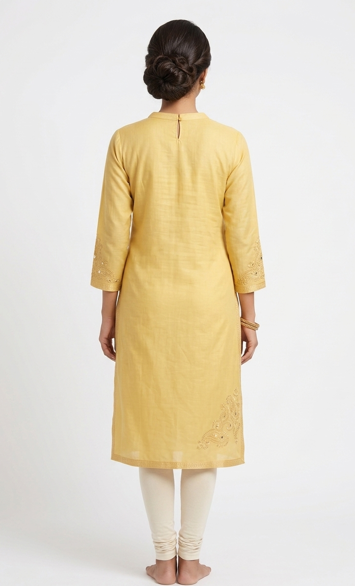 Women’s Mustard Yellow Chanderi Silk Kurta with Gold Gota Patti and Mirror Work