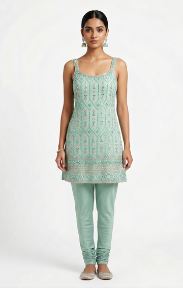 Mint Green Mirror and Sequin Embroidered Kurta Set
