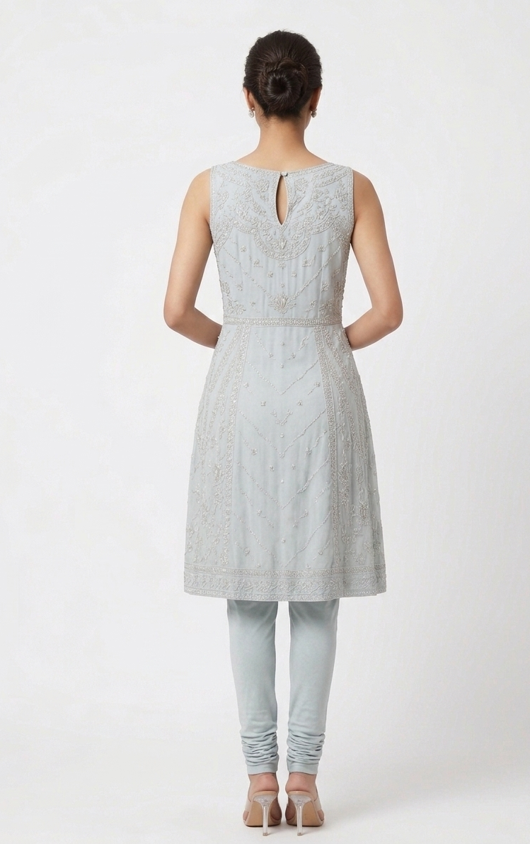 Icy Blue Intricately Embroidered Sleeveless Kurta Set
