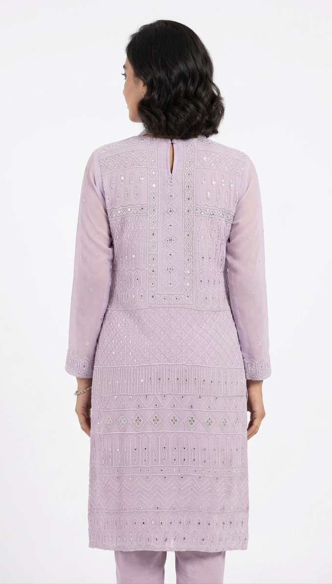 Elegant Lavender Georgette Chikankari Kurta Set with Mirror Work
