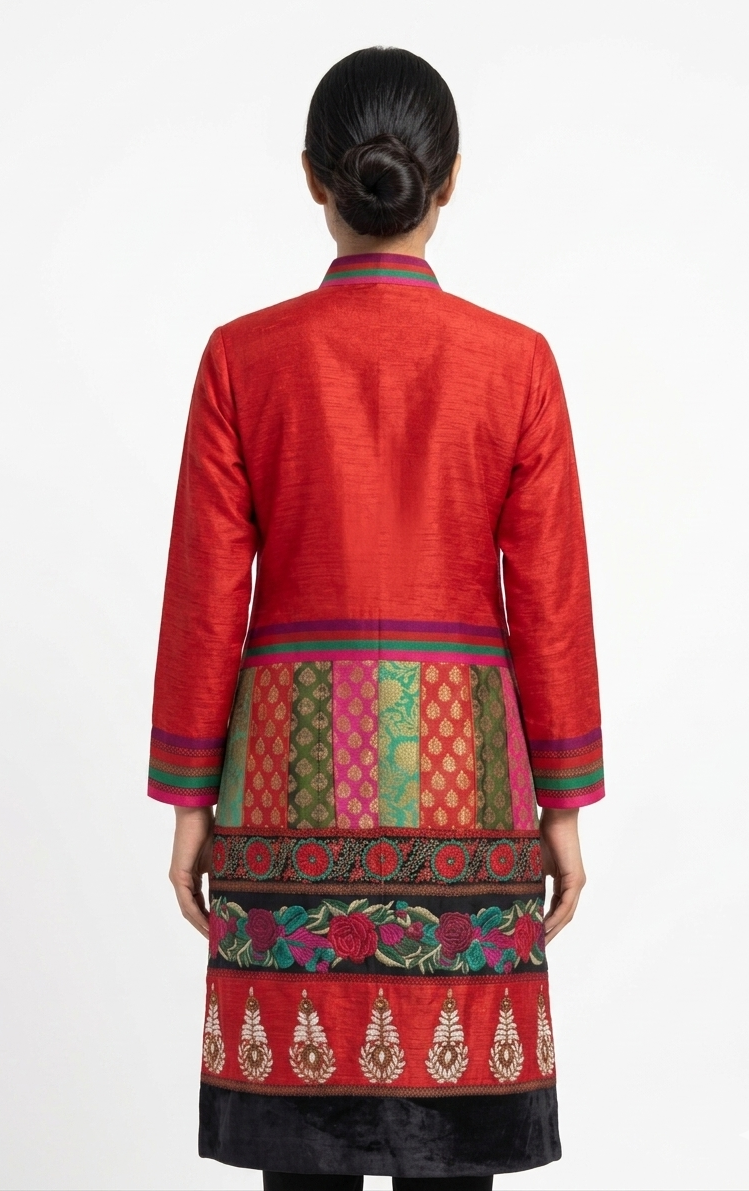 Red Silk Sherwani-Style Tunic with Intricate Patchwork and Embroidery