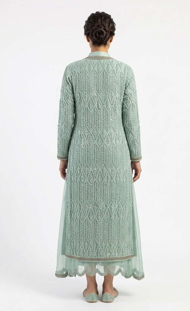 Mint Opulence Geometric Embroidered Indo-Western Gown