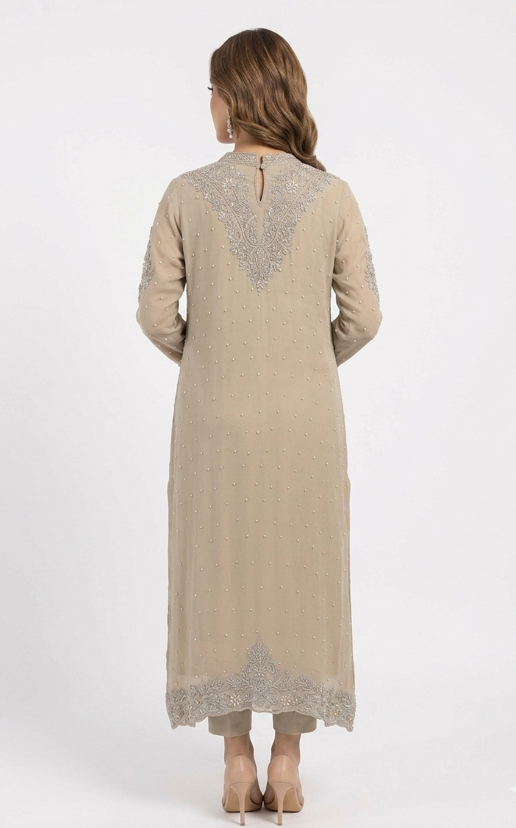 Vintage Beige Heavily Embellished Chiffon Kurta