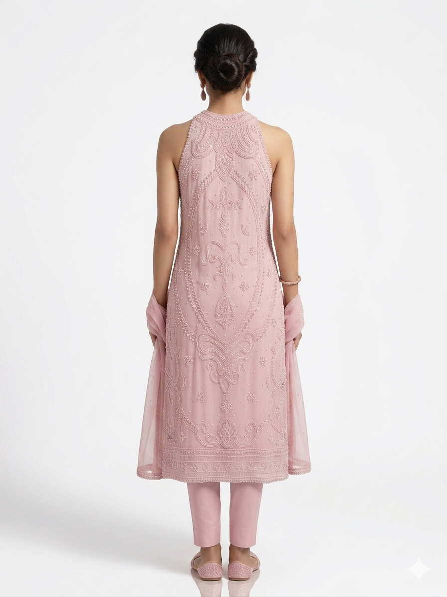 Blush Pink Ornamental High-Neck Embellished Kurta & Pant Set