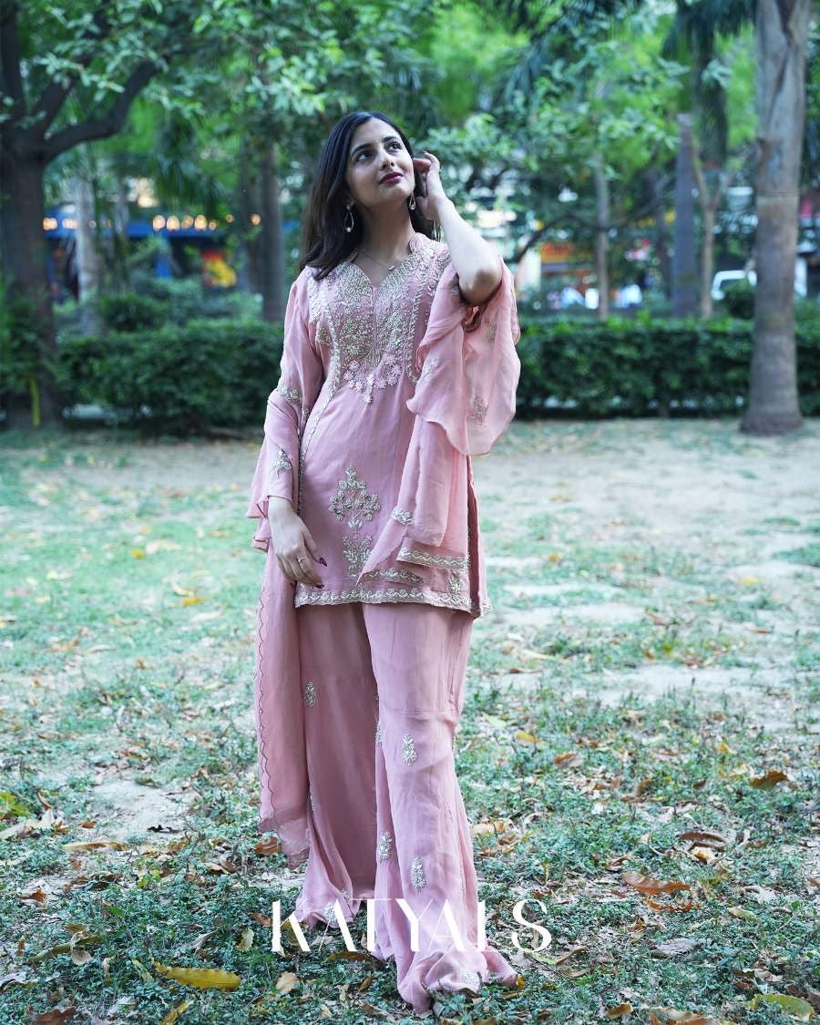Rose Pink Georgette Kurta Set with Delicately Embroidered Gharara and Dupatta