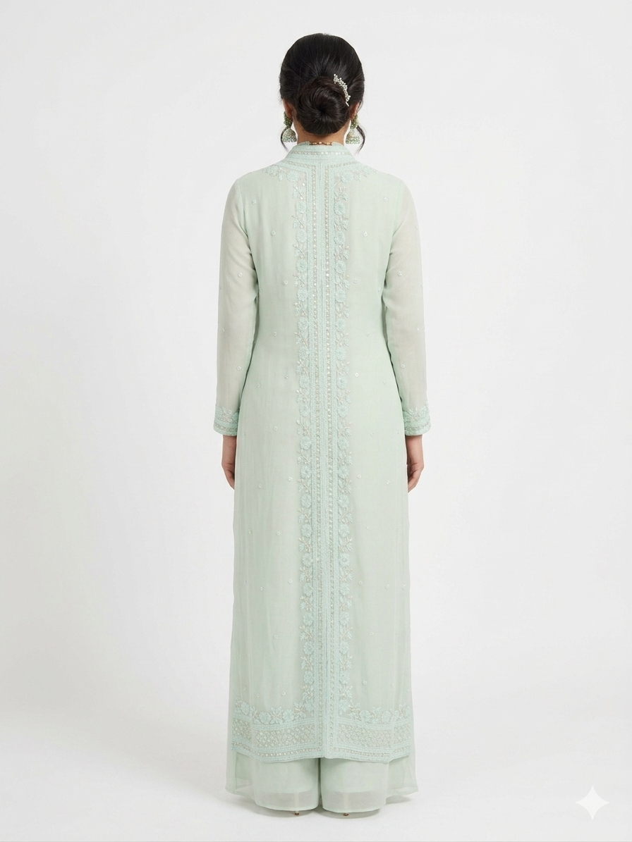 Serene Mint Embroidered Longline Tunic Set
