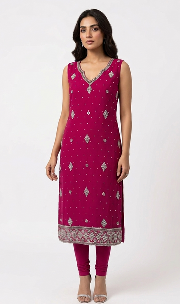 Deep Fuchsia Sleeveless Kurta Set with Intricate Silver Embellishments