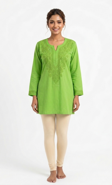 Women's Lime Green Chikankari Embroidered Short Kurta