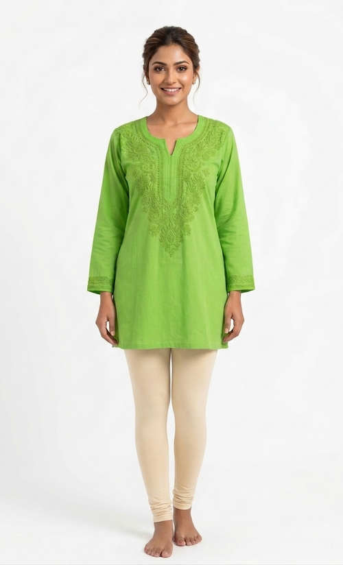 Women's Lime Green Chikankari Embroidered Short Kurta