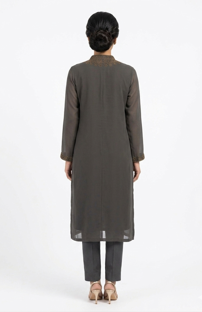 Charcoal Grey Georgette Kurta with Intricate Embroidered Neckline