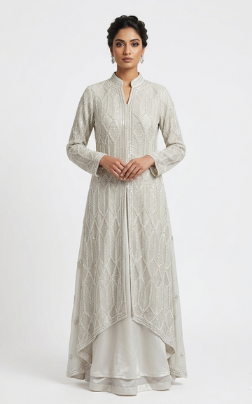 Glamorous Sequin Embroidered Long Jacket and Gown Set