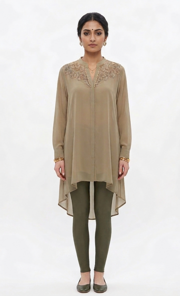 Women’s Olive Beige Sheer High-Low Tunic Top with Embellished Neckline