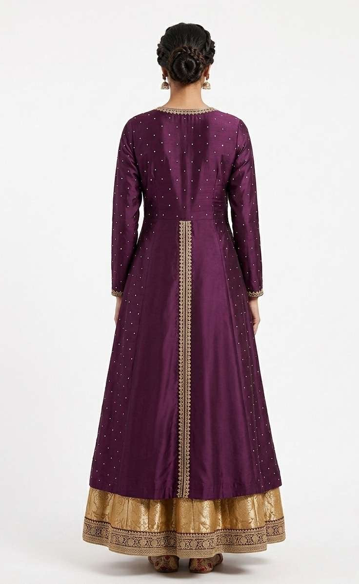 Deep Violet Silk Anarkali Gown with Brocade Panel