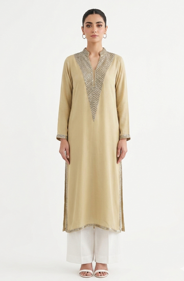 Beige Raw Silk Tunic & White Linen Trouser Set