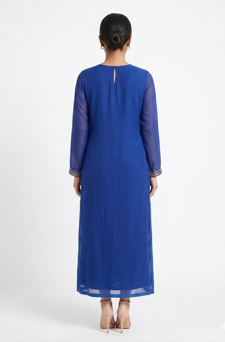 Royal Blue Long-Sleeve Chiffon Kurta with Embroidered Cuffs and Keyhole Back